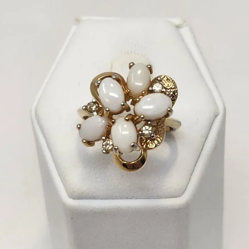Faux Opal Cluster Rhinestone Gold Plated Cocktail Ring Size 7.75 Costume Jewelry